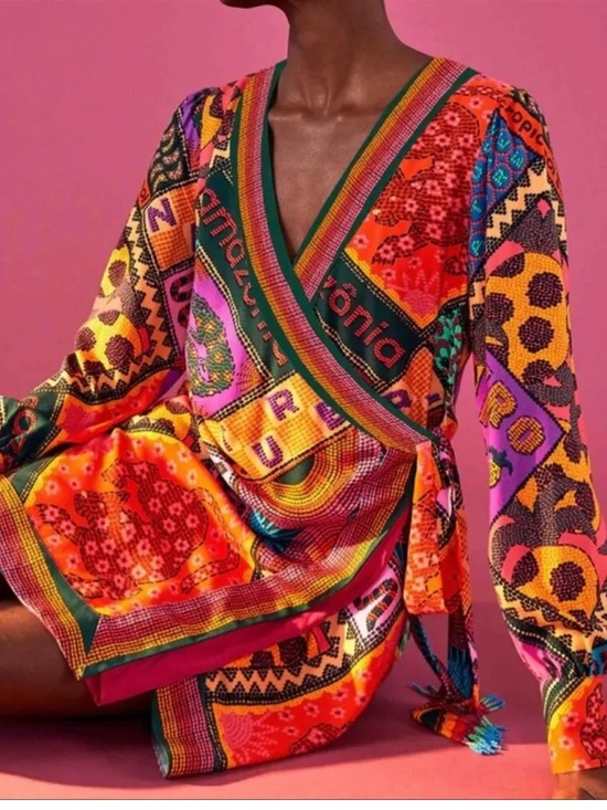 FARM Rio Dresses & Skirts - FARM Rio Patch Scarf Wrap Dress Colorful Beaded Tassel Boho Tropical Dress SZ M
